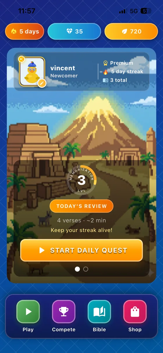 Scripture Duck daily quest home screen